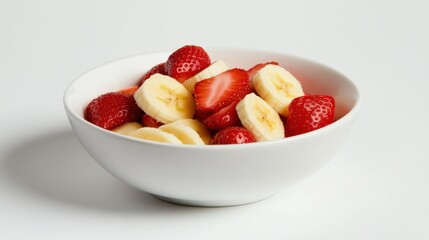 A minimalist bowl of freshly sliced strawberries and bananas, neatly arranged in a plain white ceramic bowl, Fruit salad centered