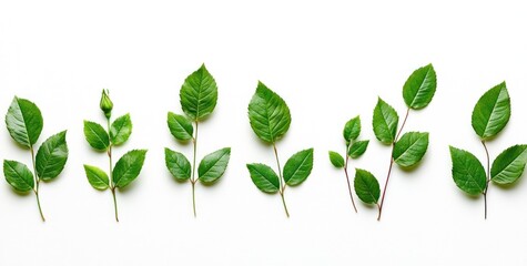 Obraz premium Row of green leaves and small branches on white background.