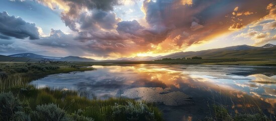 Serene sunset over a reflective lake with dramatic clouds and mountain silhouettes surrounded by grass, AI generated