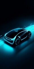 Naklejka premium A car is driving down a road with a blue background. The car is lit up with neon lights