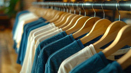 Fototapeta premium This image of neatly hung t shirts in blue and neutral tones is ideal for retail and fashion branding, showcasing a minimalist, refined style.