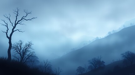 Obraz premium Misty Mountain Solitude: A Serene Blue Landscape