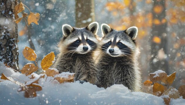 Two raccoons in winter, driving snow, AI generated, AI generated