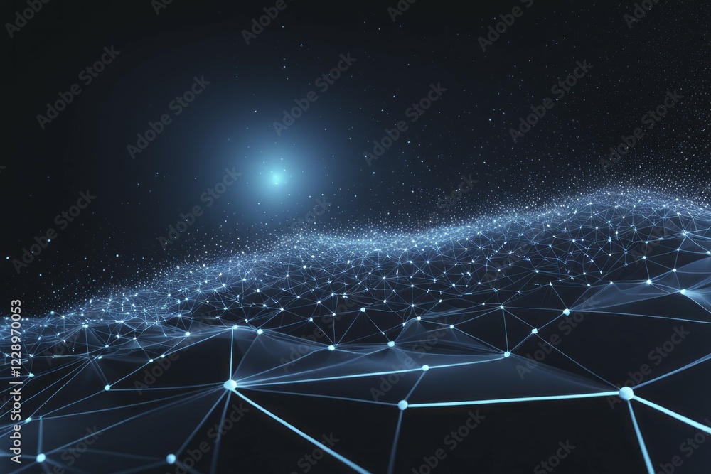 Aufkleber a digital network with blue light nodes extending over a dark background, creating a futuristic and 