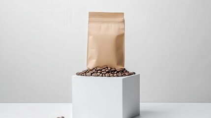 Brown Paper Bag With Coffee Beans On Display Against Neutral Background