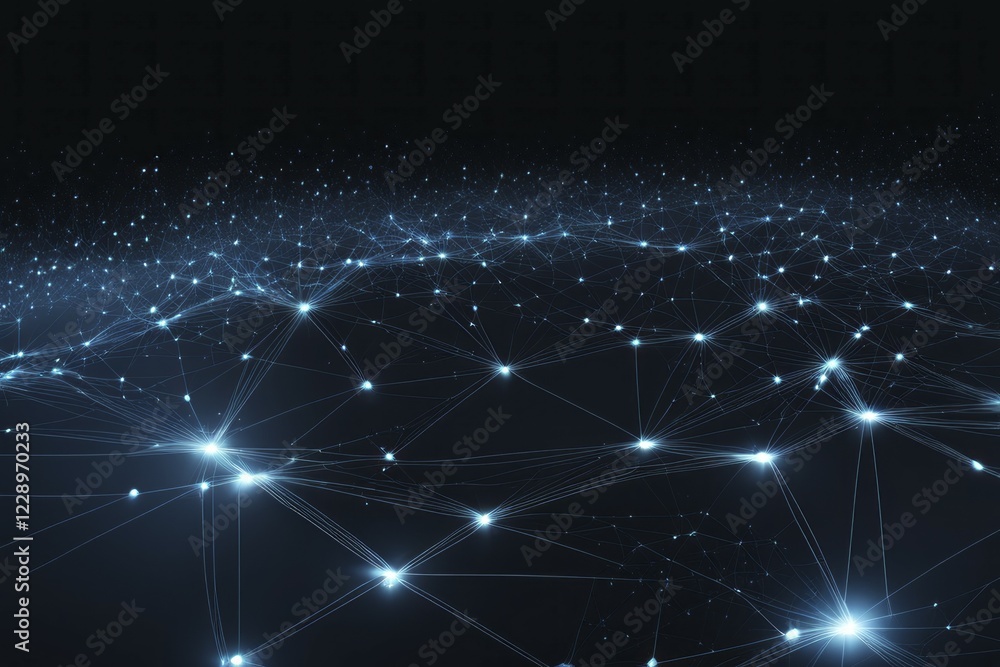 Poster abstract network of digital connections with light nodes on a dark blue background representing tech