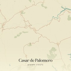 Retro Spanish map of Casar de Palomero, Extremadura. Vintage street map.