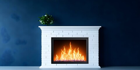 Fototapeta premium A white brick fireplace with a vibrant flame, set against a deep blue wall, adorned with a small green plant on top. Concept White Brick Fireplace, Vibrant Flame, Deep Blue Wall, Small Green Plant