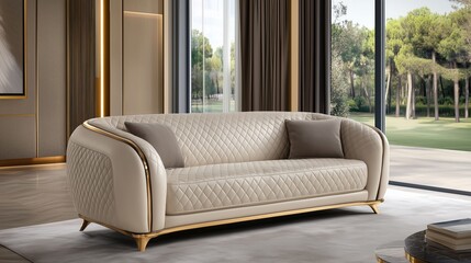 Fototapeta premium Beige quilted sofa in a luxurious living room with large windows overlooking green trees. Interior design concept for comfort and elegance.