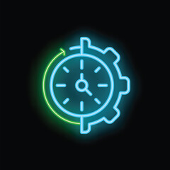 Neon sign representing the concept of time management with a clock and a gear