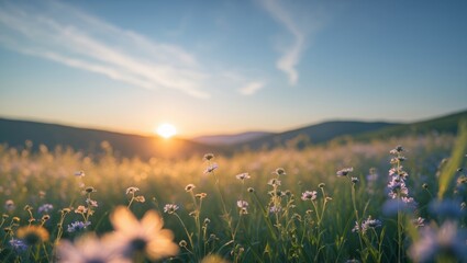 Naklejka premium Overhead Sunrise Illumination on Wildflowers in a Serene Landscape