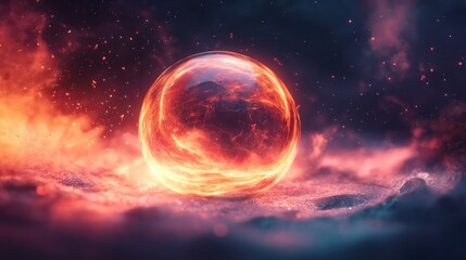 Fiery orb rests on smoky, icy ground.