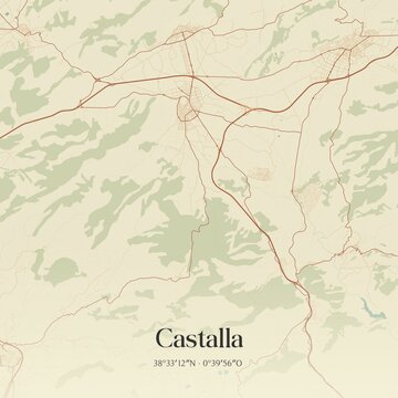 Retro Spanish map of Castalla, Comunidad Valenciana. Vintage street map.