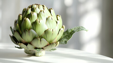 Obraz premium A single fresh artichoke with its textured leaves, placed on a neutral white table with soft natural lighting