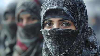 Fototapeta premium Three young masked woman look into the camera of a war photographer, AI generated, AI generated