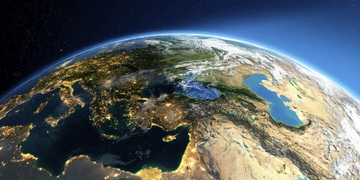Highly detailed Earth with atmosphere, exaggerated relief and light-flooded cities. Transition from night to day. Europe and Middle East countries. 3D rendering. Elements of this image furnished by NASA