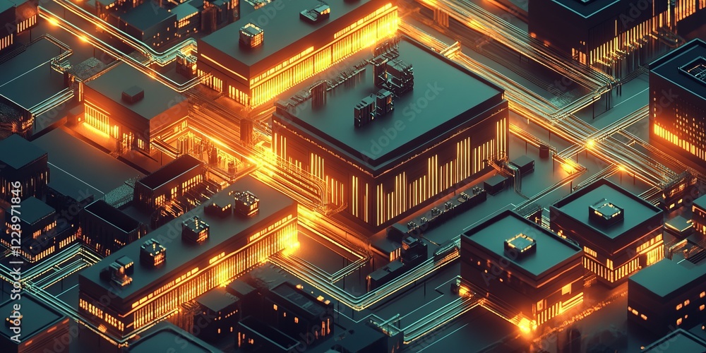 Poster aerial view of a futuristic cityscape illuminated with glowing circuitry patterns, showcasing modern