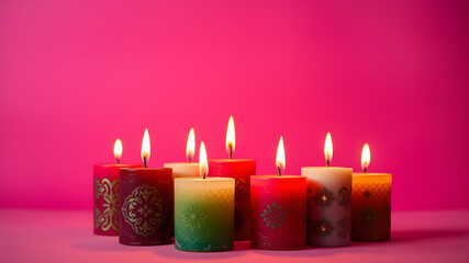 Burning colorful decorative candles on pink background, space for text. Generative AI