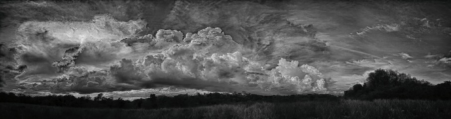 Panoramic view, 360°, clouds in the rainy season, black and white, Corozal District, Belize,...