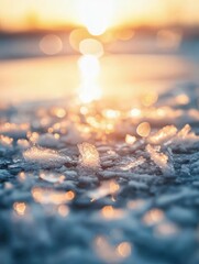 Frozen Beauty: Sunlit Ice Crystals Glimmering on a Winter Lake at Sunset.
