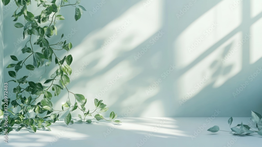 Poster sunlight streams through window, casting shadows on a light green wall with trailing plant.