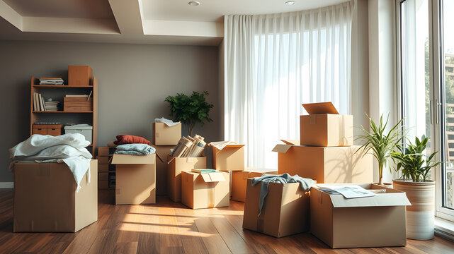 Cardboard boxes with stuff indoors, space for text. Moving day. Generative AI