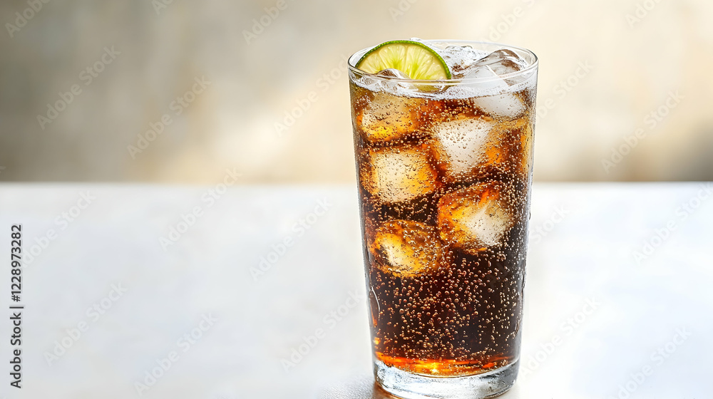 Poster a sparkling lime soda served in a transparent glass with ice cubes, placed on a clean white table wi