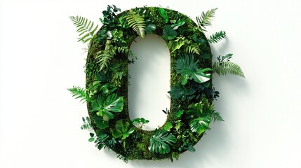 Number zero made of moss and leaves on white.