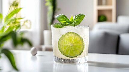 A sparkling lime soda served with a sprig of basil, placed on a clean white table with modern decor