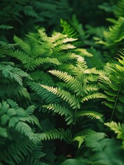Lush green ferns in a dense forest.