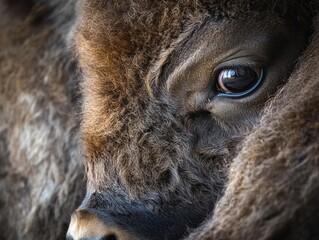 Close-up of a young bison's eye and face, showing its soft fur and dark eye.