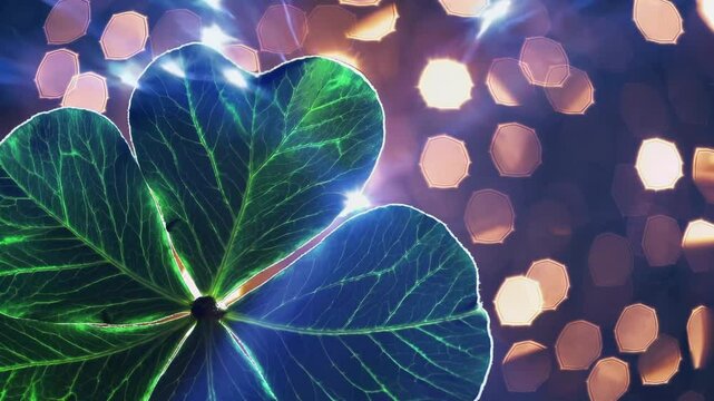 A close-up of shimmering clover leaves gently rotating, with golden sparkles and light flares adding a dynamic, celebratory feel.
