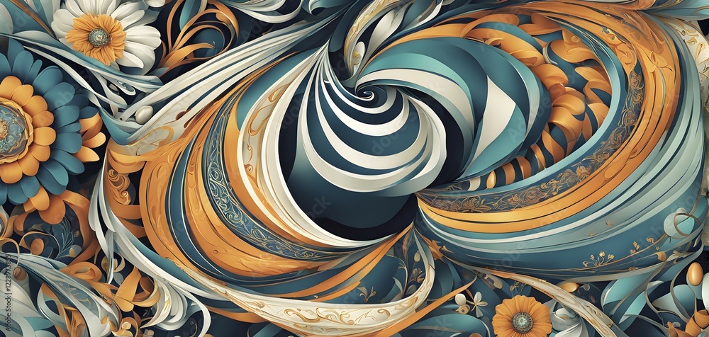 Poster a whimsical abstract pattern with intertwined ribbons, eggs, and floral motifs, with a mix of sharp 