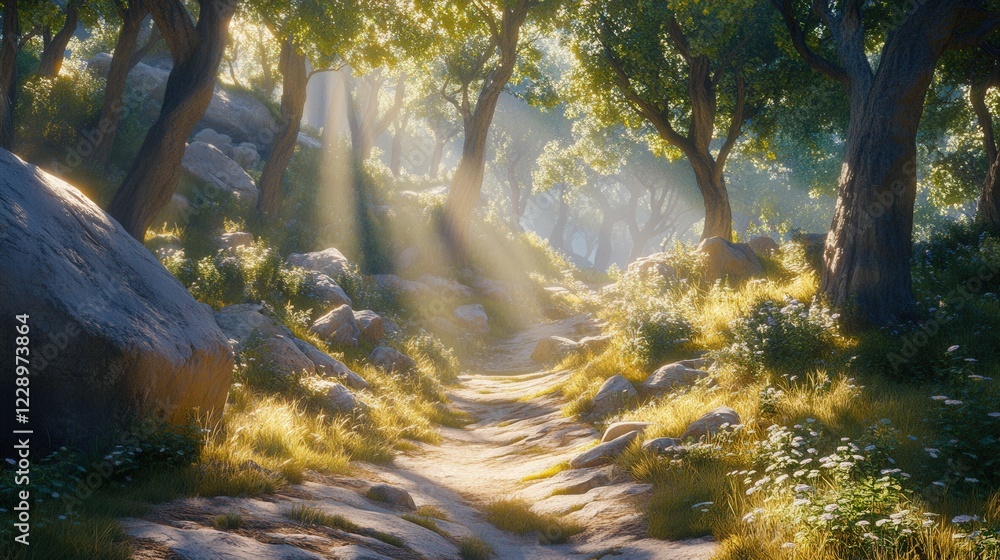 Poster serene sunlit forest path surrounded by lush greenery and gentle sunlight filtering through trees