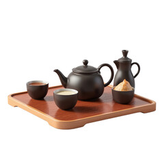Japanese Tea Set Display with Confection on Wooden Tray