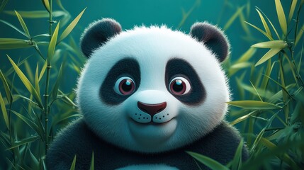 Fototapeta premium Adorable cartoon panda cub amidst lush bamboo.