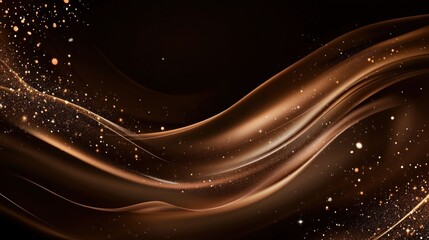 A dark chocolate satin fabric background with smooth waves and gentle folds, enhanced by subtle glitter for a festive touch."