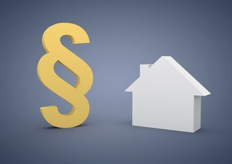Obraz premium House and a German legal sign, symbolic image for tenancy law, purchase of a house, 3D illustration