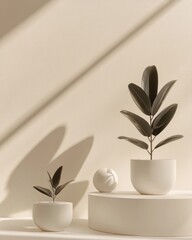 Two potted plants with shadows on a minimalist beige background.