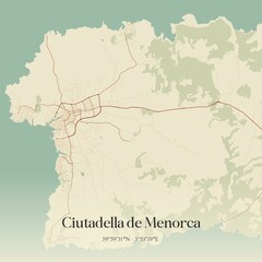 Retro Spanish map of Ciutadella de Menorca, Islas Baleares. Vintage street map.