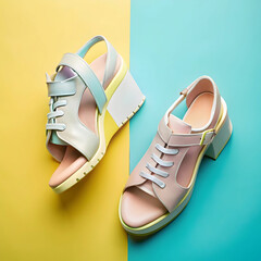 Sneakers and Heeled Sandals on a Colorful Background