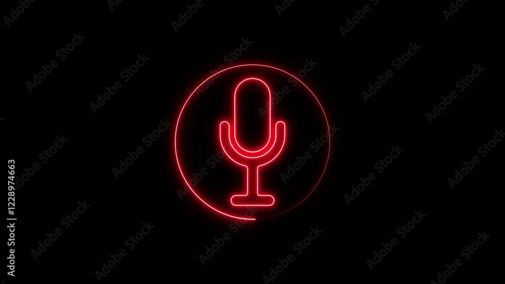 Poster neon microphone icon animation with circle .voice record icon on black background. podcast recording