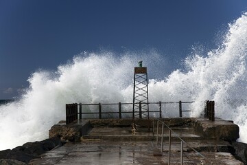 Storm on the pier of Nørre Vorupør, Noerre Vorupoer, Jutland, Denmark, Europe