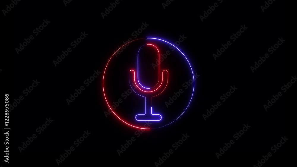 Poster neon microphone icon animation with circle .voice record icon on black background. podcast recording