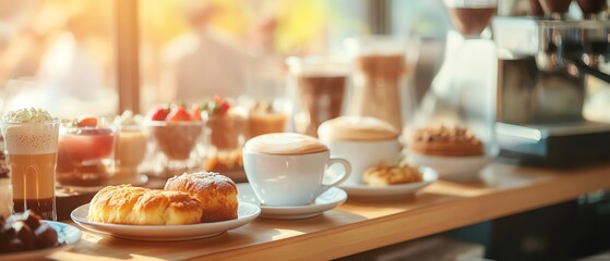 Fototapeta premium Delicious pastries and coffee on display.
