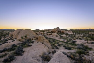Sunset, landscape with round granite rocks, rock formations, White Tank Campground, Joshua Tree National Park, Desert Center, California, USA, North America