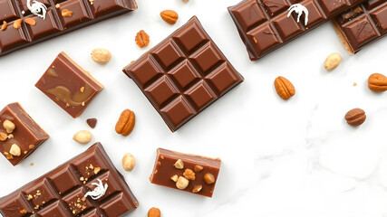 Chocolate candy bars with caramel, nuts and nougat on white marble table, flat lay. Top view.  Banner design with space for text. Generative AI