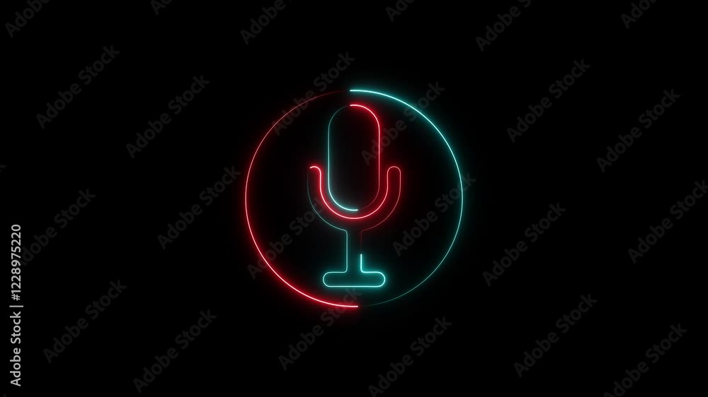 Poster neon microphone icon animation with circle .voice record icon on black background. podcast recording