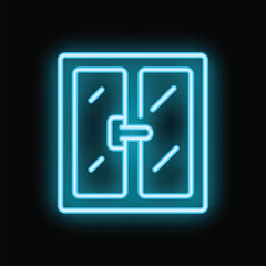 Bright blue neon sign in the shape of a double door or window glowing against a black background