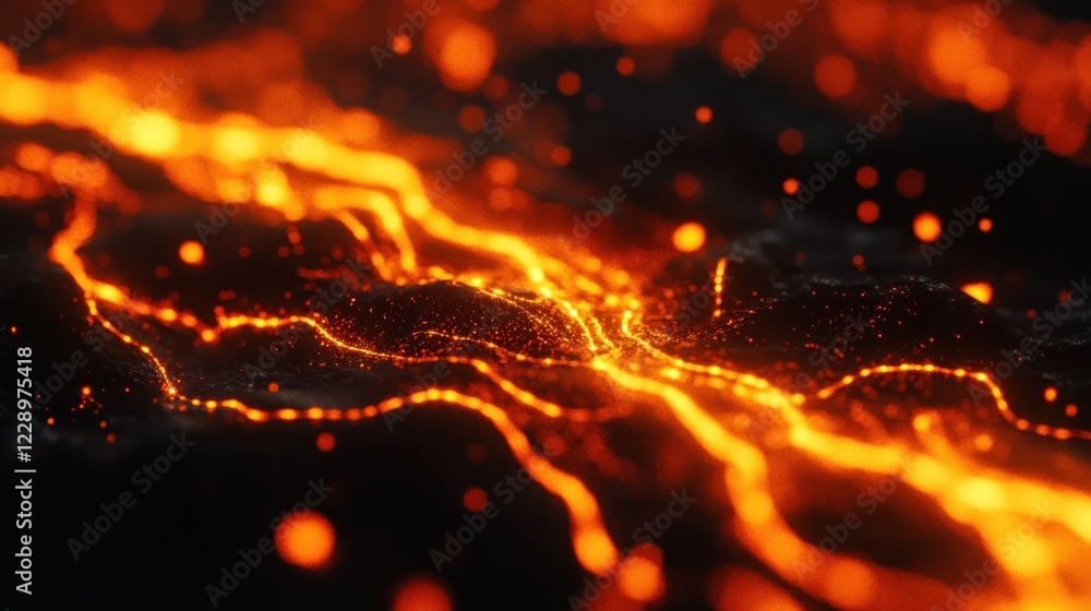 Poster abstract fiery lava texture with glowing streams and particles.